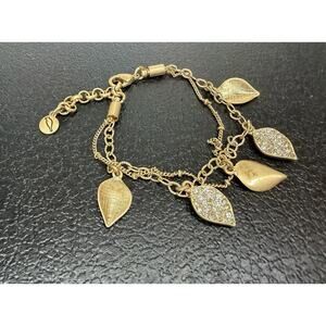Chloe and Isabel Gold Leaf Charm Dangle Bracelet Rhinestone Multi Strand